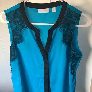 Turquoise blouse with lace trim
